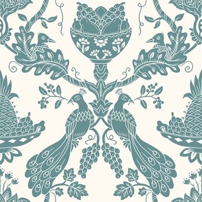 Damask Peacock with fruit bowls aqua blue