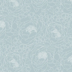 peonies in white lines on light blue