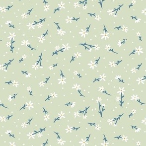 Daisy Ditsy || White Flowers on Green || Daisy Age Collection by Sarah Price Small Scale 