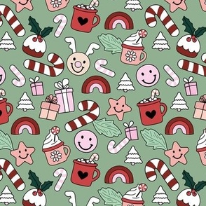 Cozy Christmas morning - Happy holidays seasonal smiley design with candy canes christmas trees rainbows stars and presents pink blush red on sage green