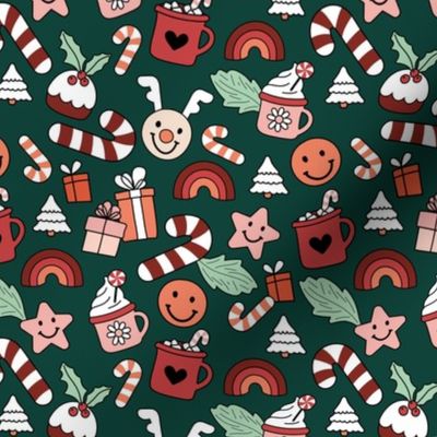 Cozy Christmas morning - Happy holidays seasonal smiley design with candy canes christmas trees rainbows stars and presents orange blush red mint on pine green