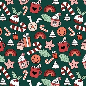 Cozy Christmas morning - Happy holidays seasonal smiley design with candy canes christmas trees rainbows stars and presents orange blush red mint on pine green