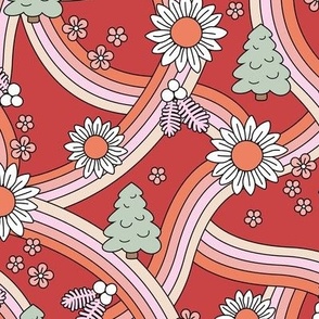 Groovy Christmas rainbow swoosh and swirls flower blossom and trees garden seasonal design - seventies colorful retro sunflowers and daisies seventies mint green yellow on burgundy 