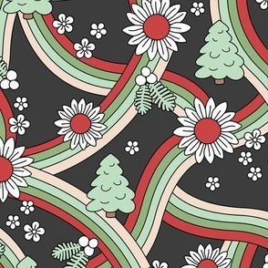 Groovy Christmas rainbow swoosh and swirls flower blossom and trees garden seasonal design - seventies colorful retro sunflowers and daisies seventies mint green red on charcoal gray