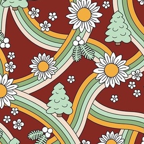 Groovy Christmas rainbow swoosh and swirls flower blossom and trees garden seasonal design - seventies colorful retro sunflowers and daisies seventies mint green yellow on burgundy