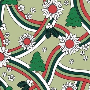 Groovy Christmas rainbow swoosh and swirls flower blossom and trees garden seasonal design - seventies colorful retro sunflowers and daisies seventies red green mint