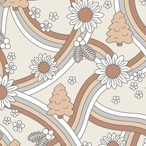 Groovy Christmas rainbow swoosh and swirls flower blossom and trees garden seasonal design - seventies colorful retro sunflowers and daisies seventies neutral beige gray  tan