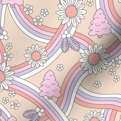 Groovy Christmas rainbow swoosh and swirls flower blossom and trees garden seasonal design - seventies colorful retro sunflowers and daisies lilac pink blush pastel girls 