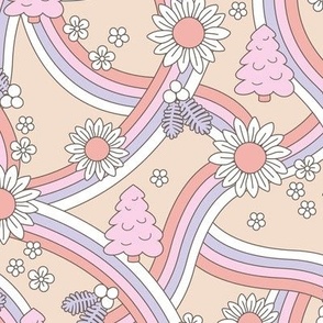 Groovy Christmas rainbow swoosh and swirls flower blossom and trees garden seasonal design - seventies colorful retro sunflowers and daisies lilac pink blush pastel girls 