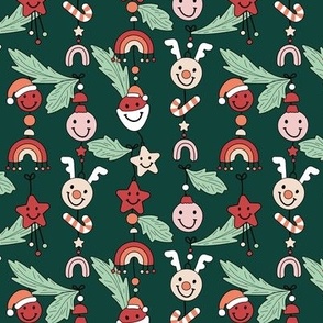 Cozy Christmas kawaii decoration - Happy holidays seasonal smiley design with raindeer bells stars rainbows and christmas ornaments hanging on branches pink orange on pine green