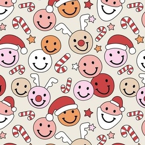 Happy Holidays candy canes - Christmas smiley stars santa hats reindeer and stars red orange pink on cream sand girls