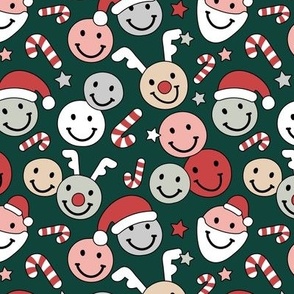 Happy Holidays candy canes - Christmas smiley stars santa hats reindeer and stars gray beige red on pine green