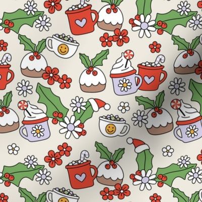 Cozy Christmas morning - Happy holidays seasonal smiley design with candy canes daisies coffee tea and hot chocolate cups neutral traditional apple green red lilac on sand cream