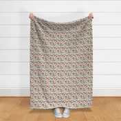 Cozy Christmas morning - Happy holidays seasonal smiley design with candy canes daisies coffee tea and hot chocolate cups neutral traditional apple green red lilac on sand cream