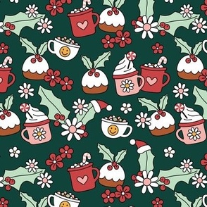 Cozy Christmas morning - Happy holidays seasonal smiley design with candy canes daisies coffee tea and hot chocolate cups red pink mint on pine green