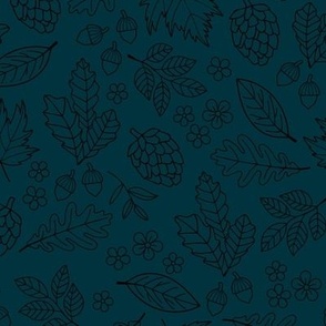 Autumn leaves garden - scandinavian trees willow oak leave acorns flowers and pinecone botanical fall design in seventies vintage freehand outline black on deep marine blue