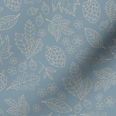 Autumn leaves garden - scandinavian trees willow oak leave acorns flowers and pinecone botanical fall design in seventies vintage freehand outline beige sand on cool blue