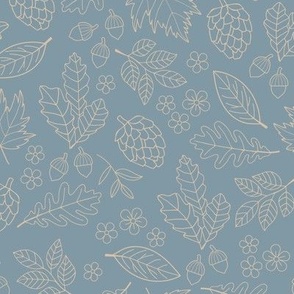 Autumn leaves garden - scandinavian trees willow oak leave acorns flowers and pinecone botanical fall design in seventies vintage freehand outline beige sand on cool blue