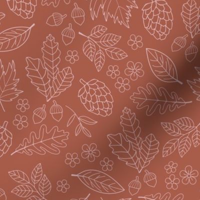 Autumn leaves garden - scandinavian trees willow oak leave acorns flowers and pinecone botanical fall design in seventies vintage freehand outline blush on sienna vintage stone red