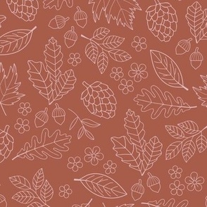 Autumn leaves garden - scandinavian trees willow oak leave acorns flowers and pinecone botanical fall design in seventies vintage freehand outline blush on sienna vintage stone red