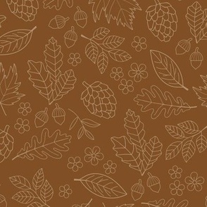 Autumn leaves garden - scandinavian trees willow oak leave acorns flowers and pinecone botanical fall design in seventies vintage freehand outline cream on hazelnut brown