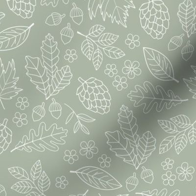 Autumn leaves garden - scandinavian trees willow oak leave acorns flowers and pinecone botanical fall design in seventies vintage freehand outline white on sage green