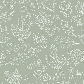 Autumn leaves garden - scandinavian trees willow oak leave acorns flowers and pinecone botanical fall design in seventies vintage freehand outline white on sage green