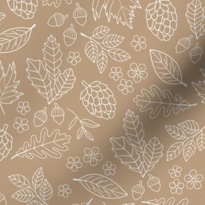 Autumn leaves garden - scandinavian trees willow oak leave acorns flowers and pinecone botanical fall design in seventies vintage freehand outline white on tan beige