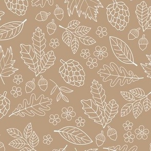 Autumn leaves garden - scandinavian trees willow oak leave acorns flowers and pinecone botanical fall design in seventies vintage freehand outline white on tan beige
