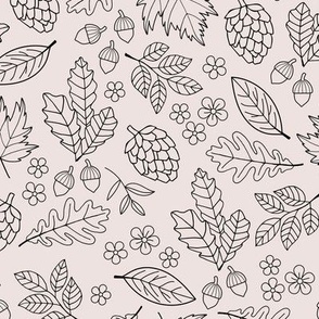Autumn leaves garden - scandinavian trees willow oak leave acorns flowers and pinecone botanical fall design in seventies vintage freehand outline black on beige