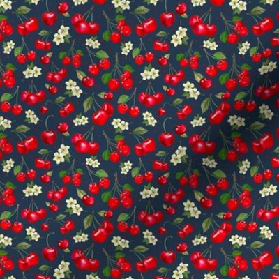 Small Scale Red Cherries on Navy