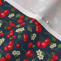 Small Scale Red Cherries on Navy