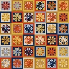 Flower Checkerboards - Vintage 1970s / Autumn / Fall - Orange + Blue - TINY