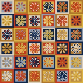 Flower Checkerboards - Vintage 1970s / Autumn / Fall - Orange + Blue - JUMBO