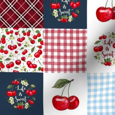 Smaller Scale Patchwork 3" Squares Life is Sweet Cherries for Cheater Quilt or Blanket