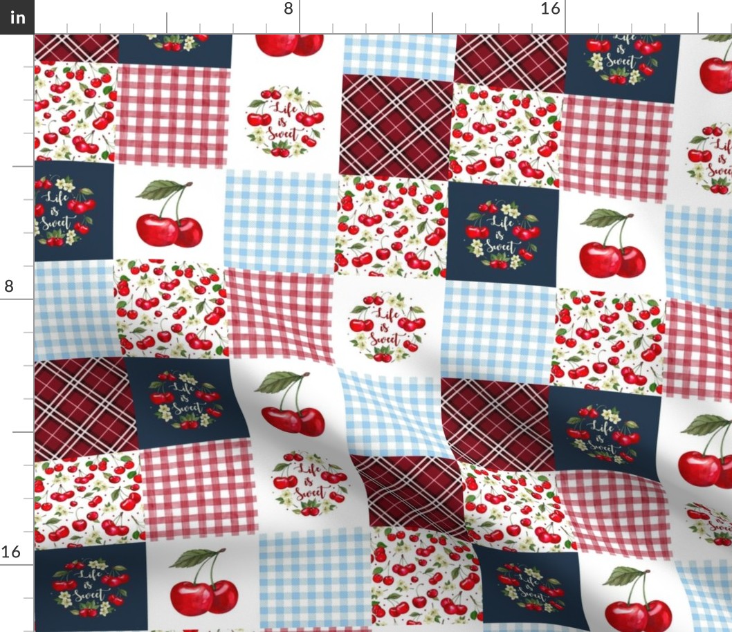 Smaller Scale Patchwork 3" Squares Life is Sweet Cherries for Cheater Quilt or Blanket