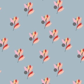 Back to the fifties - mid-century style flower petals and sun garden pink red orange on cool blue 