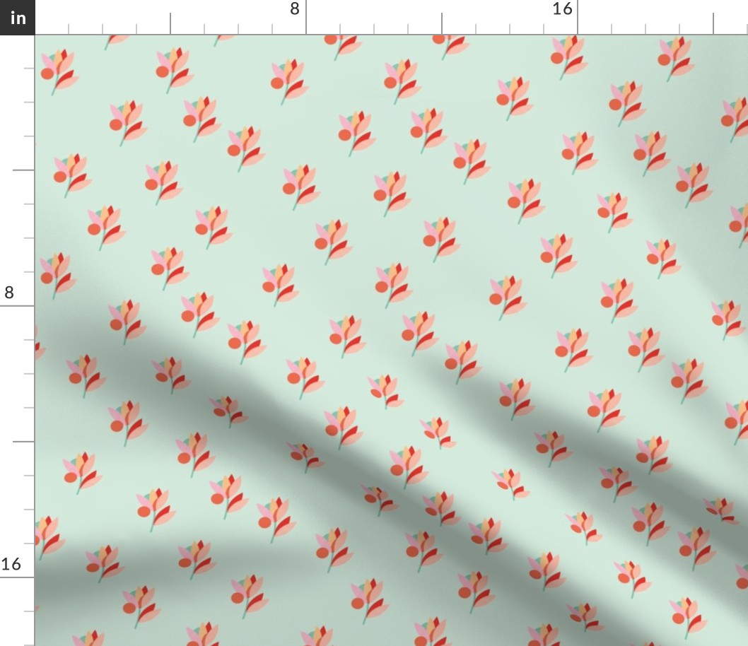 Back to the fifties - mid-century style flower petals and sun garden pink red orange on mint green 