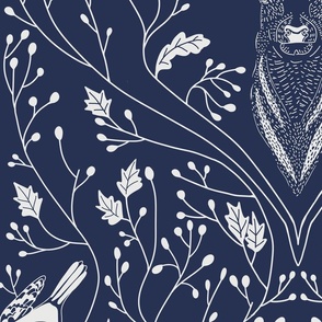 Damask with deer, birds and leaves off white on navy blue - large scale