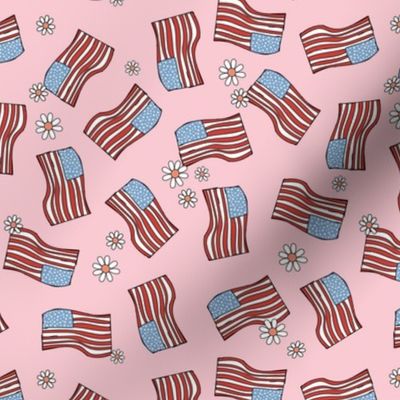 American vintage union jack flag - freehand drawn usa flags patriot design with daisies on soft pink