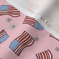 American vintage union jack flag - freehand drawn usa flags patriot design with daisies on soft pink