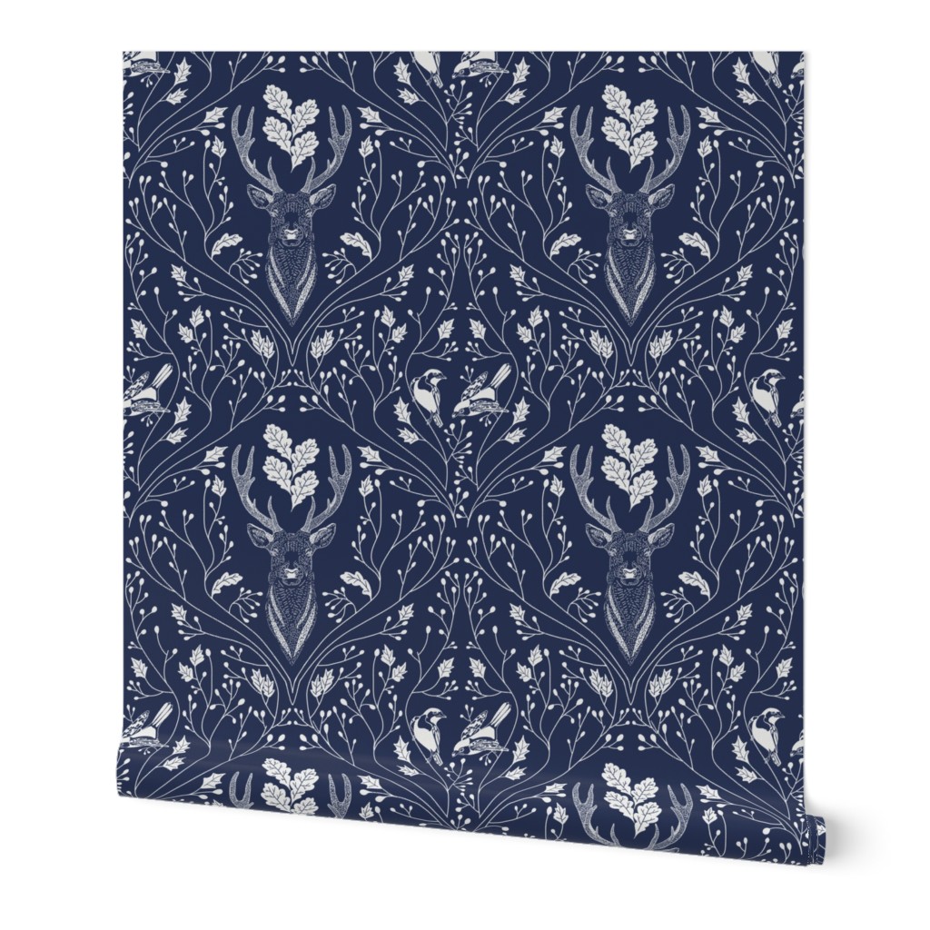 Damask with deer, birds and leaves off white on navy blue - medium scale