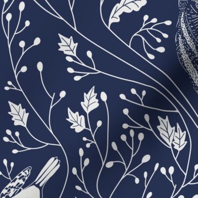 Damask with deer, birds and leaves off white on navy blue - medium scale