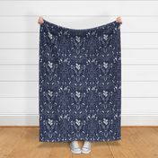 Damask with deer, birds and leaves off white on navy blue - medium scale