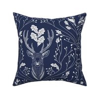 Damask with deer, birds and leaves off white on navy blue - medium scale