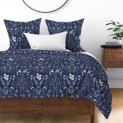 Damask with deer, birds and leaves off white on navy blue - medium scale