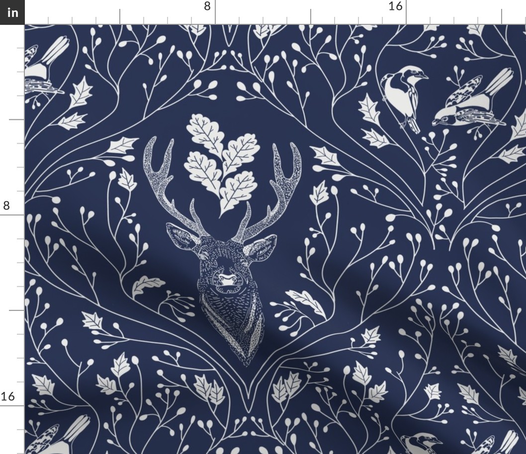 Damask with deer, birds and leaves off white on navy blue - medium scale