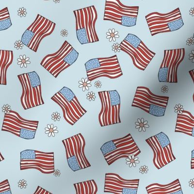 American vintage union jack flag - freehand drawn usa flags patriot design with daisies on baby blue