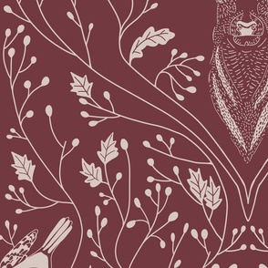 Damask with deer,  birds and leaves off white on red - large scale
