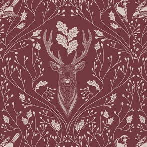 Damask with deer, birds and leaves off white on burgundy red - medium scale